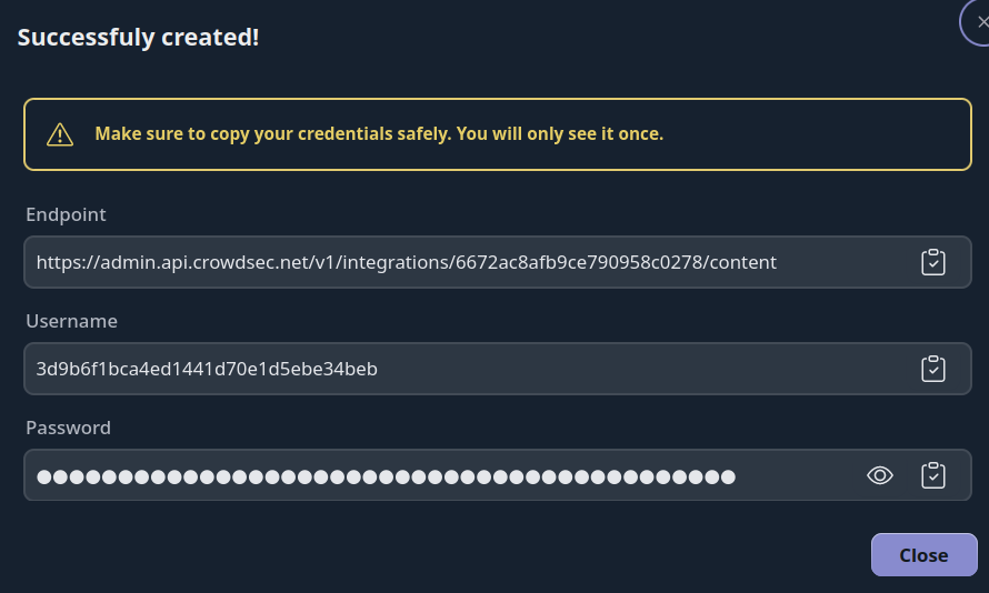 pfSense Integration Credentials Screen